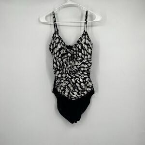 Vintage Christina One Piece Bathing Swim Suit 14 Black White Geometric Print